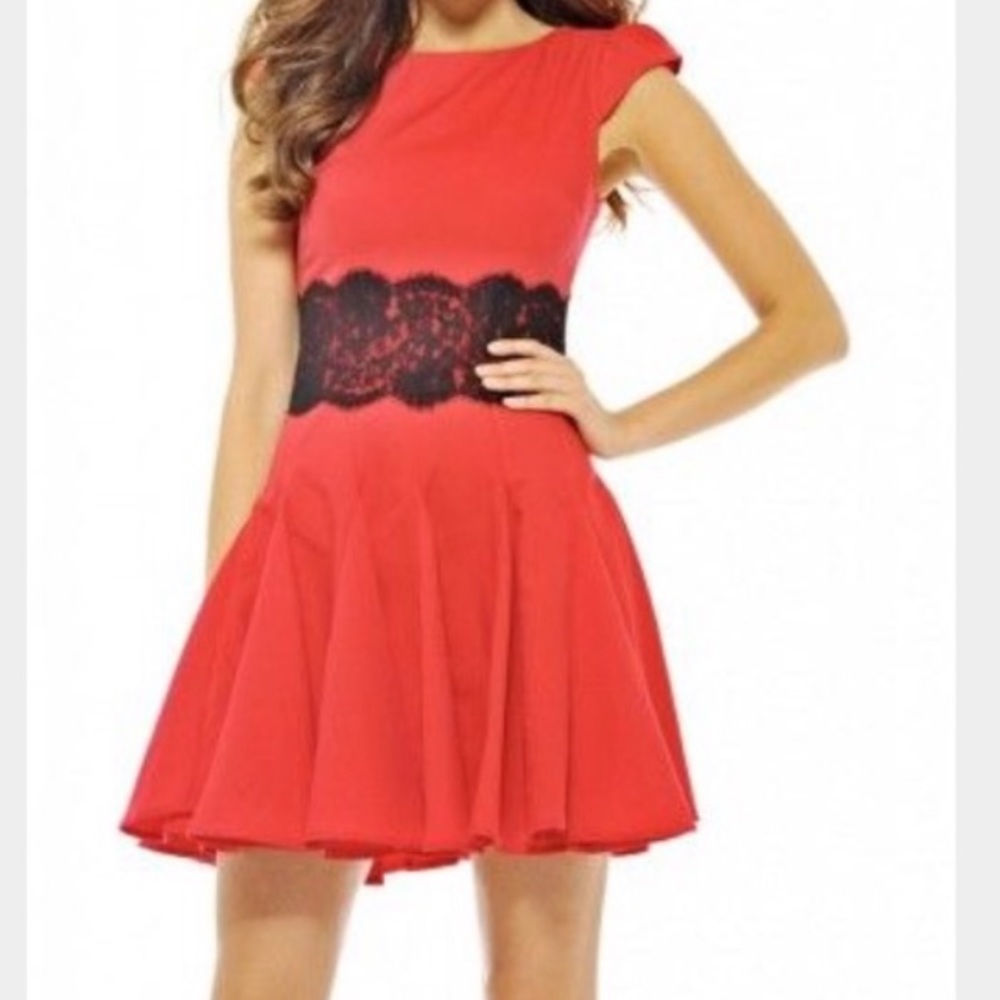 Coral and black lace skater dress